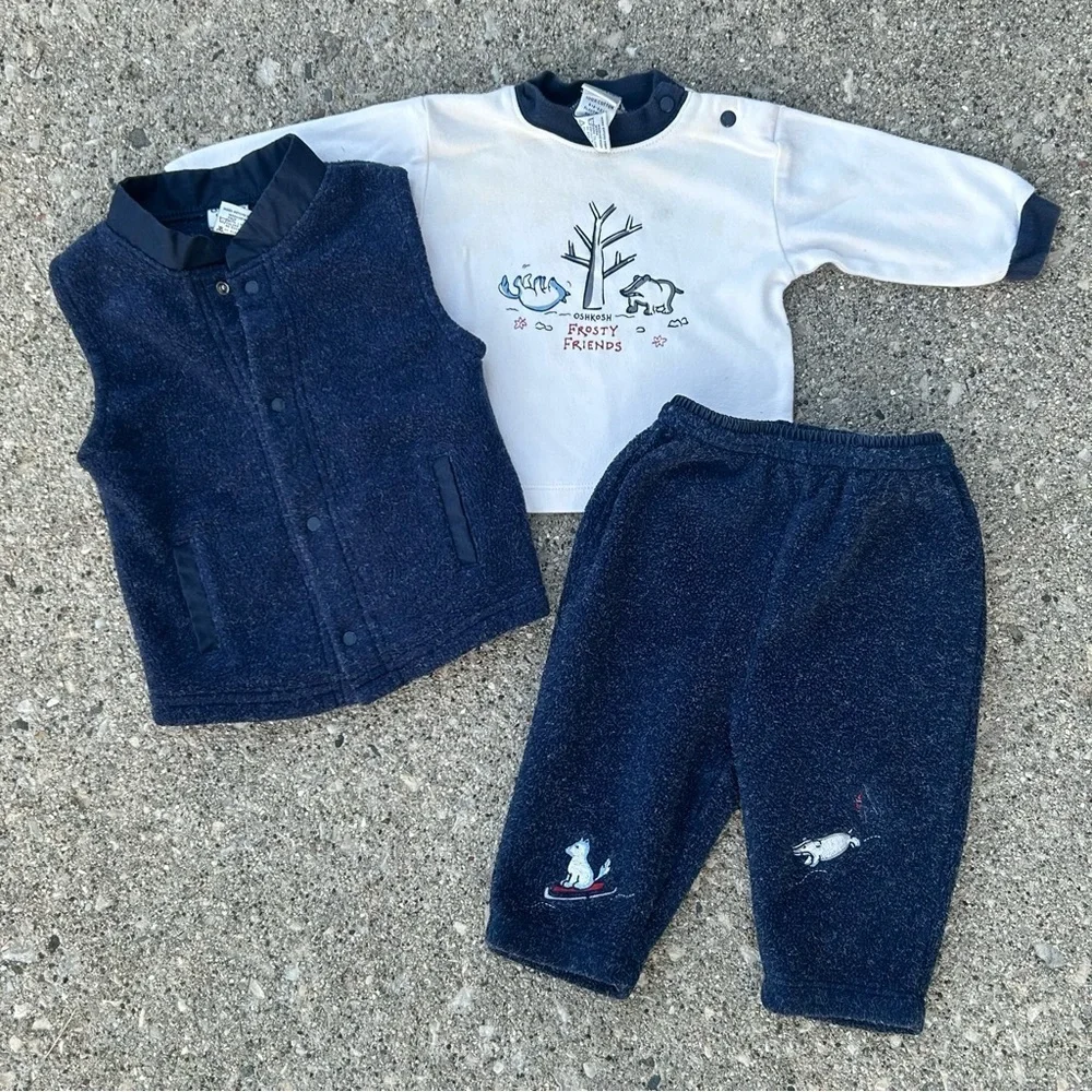 Vintage OshKosh B’gosh Baby Outfit 3–6 Months Frosty Friends Polar Bear Set 90s